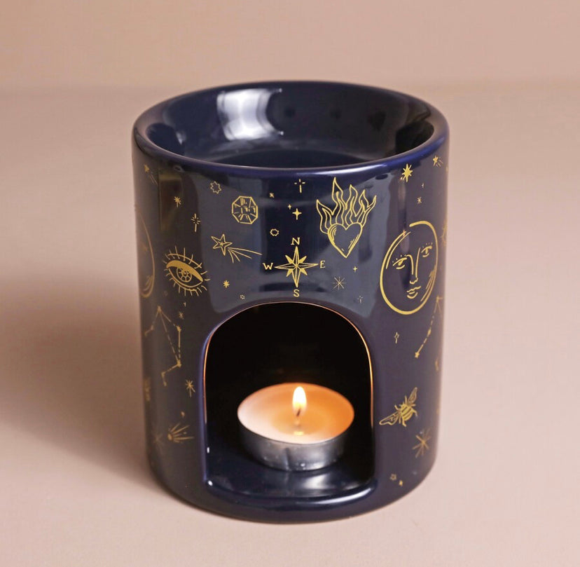 Blue Starry Night Wax Melt Burner with moons and sun in gold