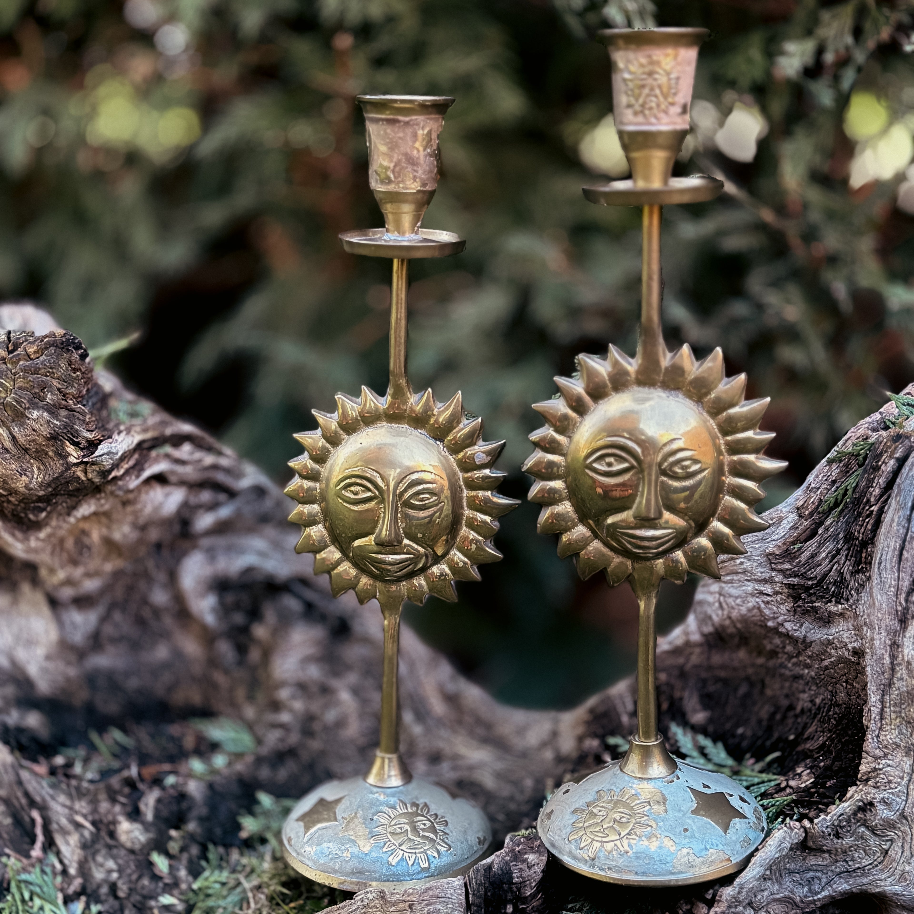 Vintage Brass And Enamel Candlestick Holders