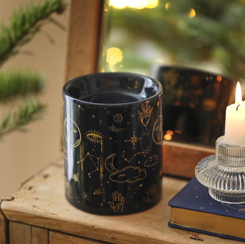 Blue Starry Night Wax Melt Burner with moons and sun in gold
