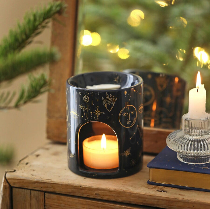 Blue Starry Night Wax Melt Burner with moons and sun in gold